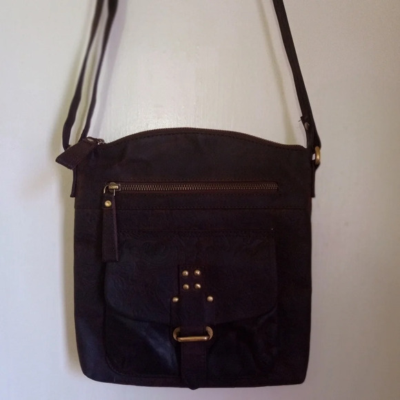 Rustic Dark brown floral embossed burnished leather crossbody bag - Picture 2 of 11